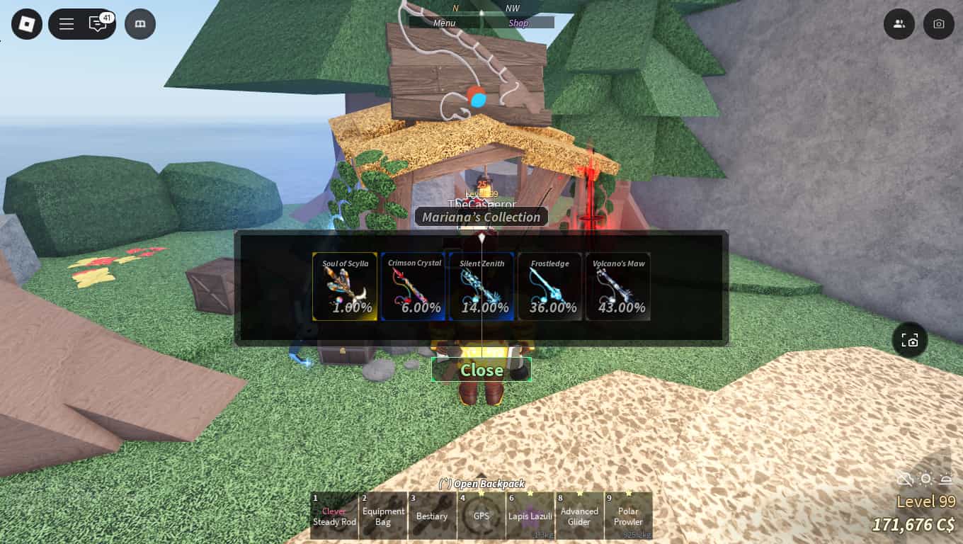 Picture showing the Mariana's skin crate rod skins in Fisch.