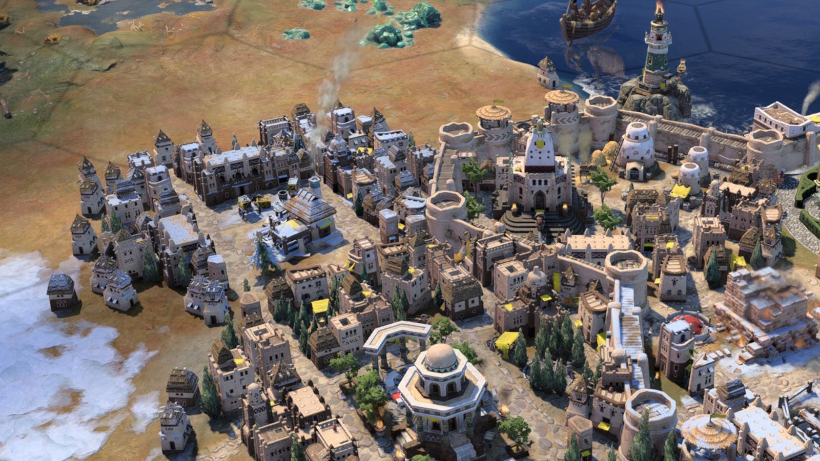 Screenshot of Civilization 7 showing a settlement in between water and a desert with lots of houses.