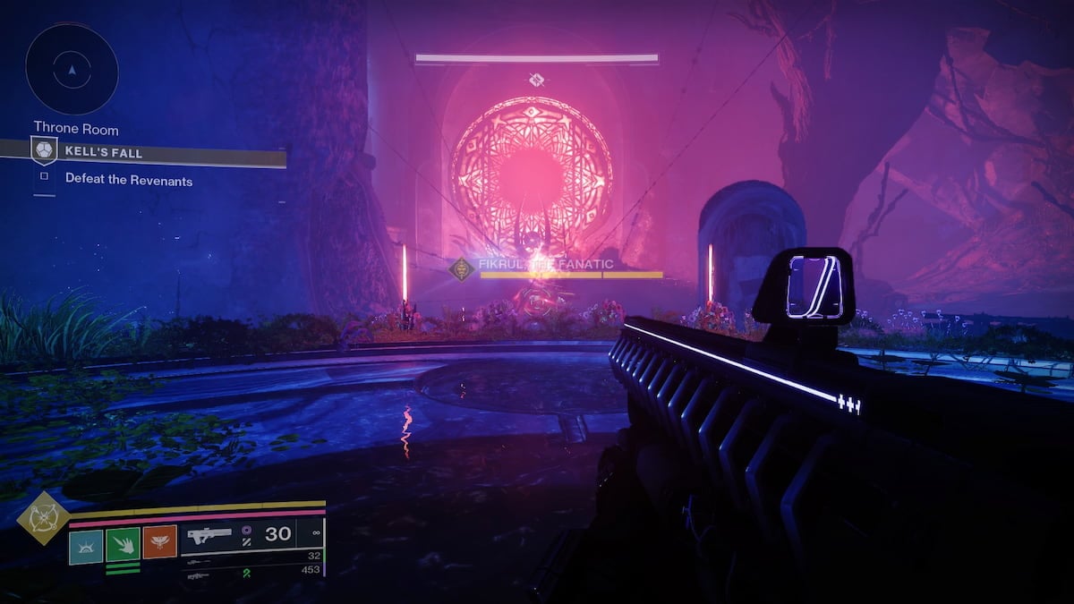 A guardian sees Fikrul, the Fanatic, in front of a mirrored version of the Awoken Throne, with a colossal stained glass display behind it.