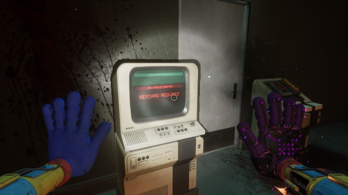 Looking at the locked room of Harley Sawyer where a keycard is needed to open it in Poppy Playtime Chapter 4