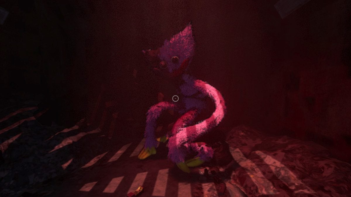 Injured Kissy Missy looking at The Player, ready to save them from the impending explosive above the duo in Poppy Playtime Chapter 4 ending