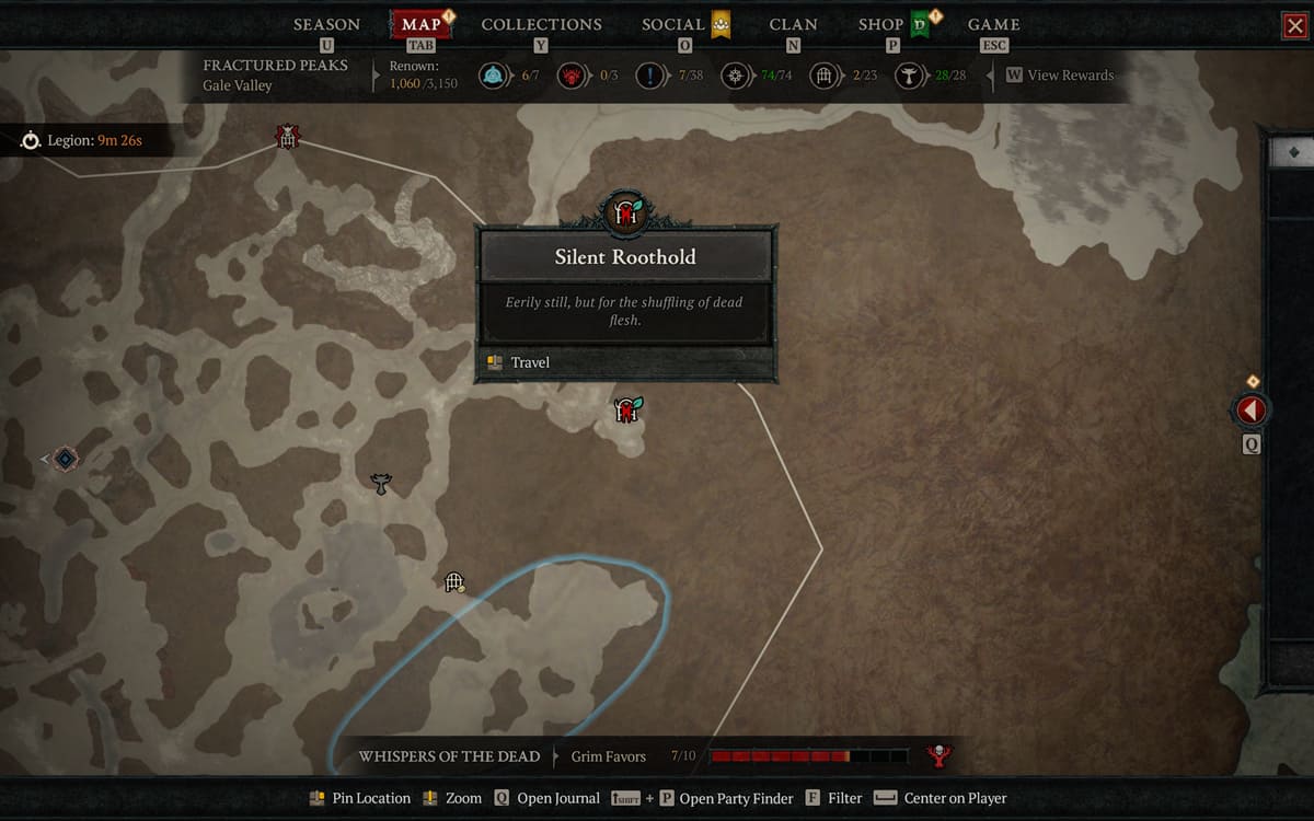 Diablo 4 overworld map showcasing the location of the Silent Roothold