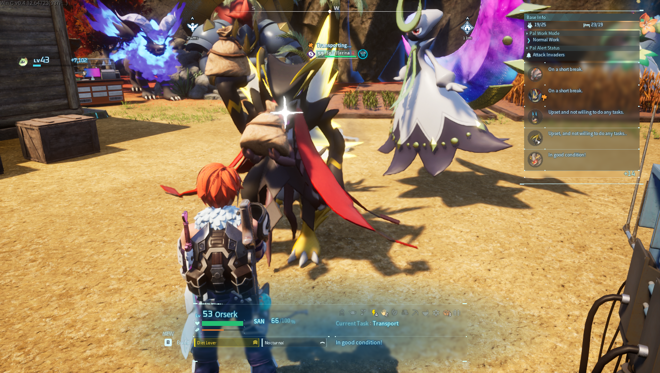 Picture showing the Pals with Transporting to keep away goods to boxes in Palworld.