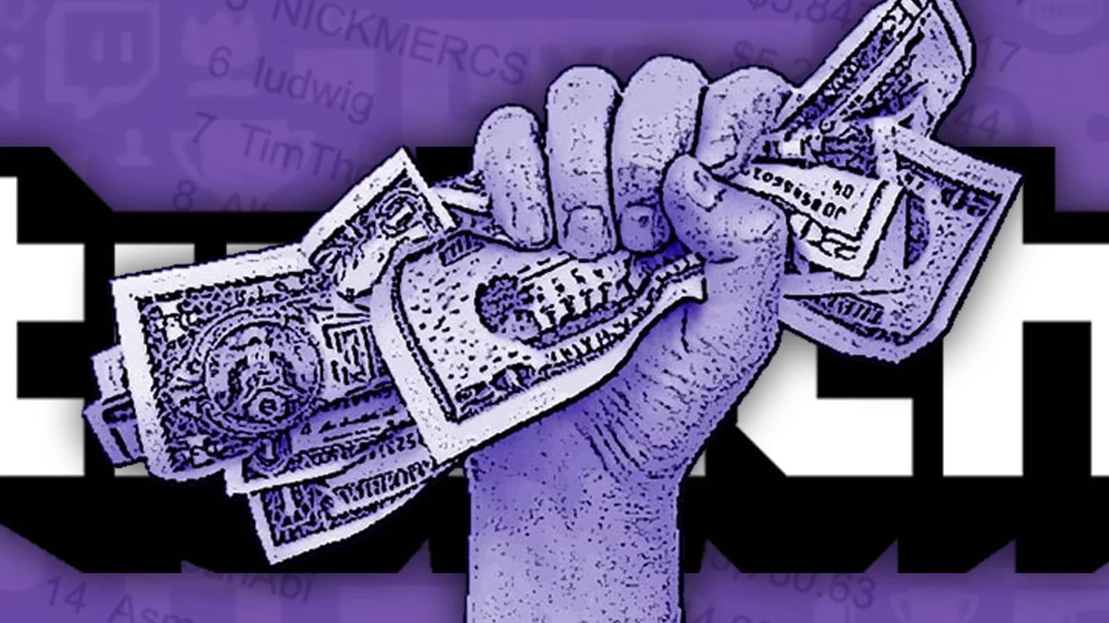 Un puño que toma dinero se superpone en la parte superior del logotipo de Twitch.
