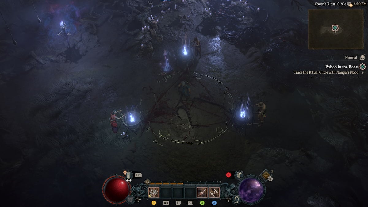 Characters stand over three lit blue fires surrounding a barren tree in Diablo 4.