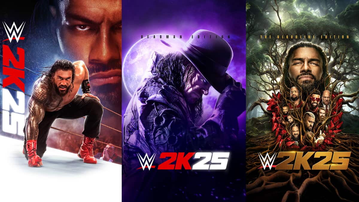 An image showcasing the three editions of WWE 2K25.