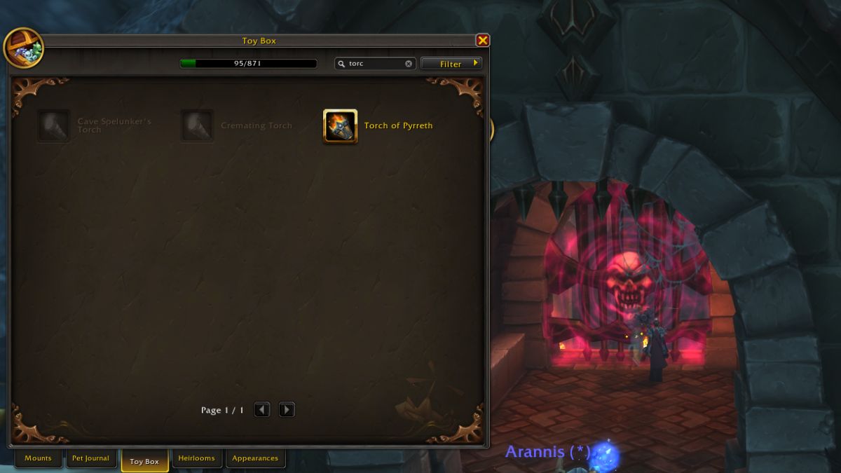 Entrance to the Catacombs with toy tab open running into door in World of Warcraft.