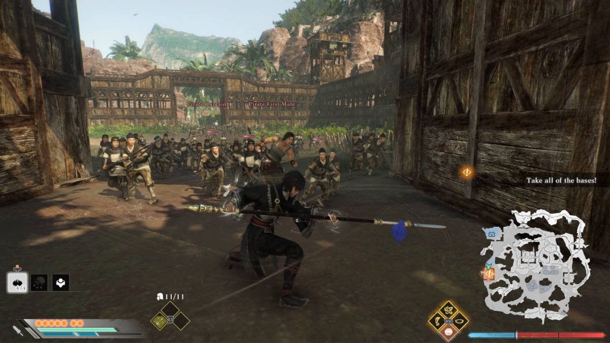 Dynasty Warriors Origins review: the Nameless protagonist is charging a spear attack as an entire base of enemies approaches.