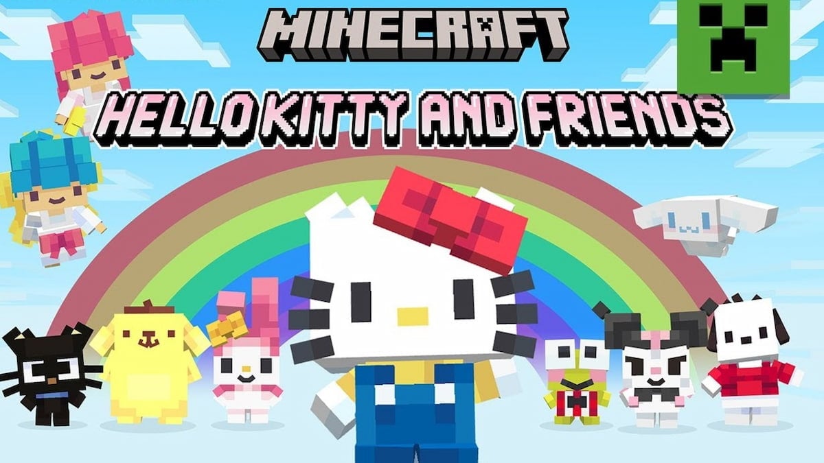 Hello Kitty standing with a bunch of her friends in front of a rainbow in Minecraft.