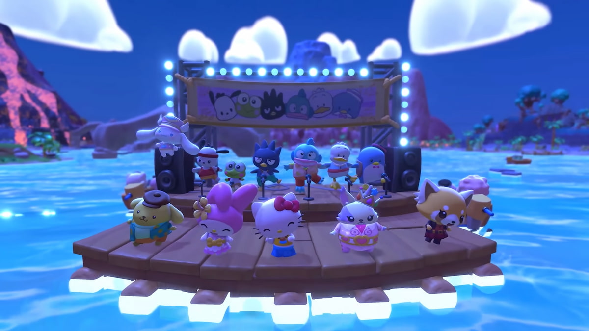 A bunch of Hello Kitty characters gathered on a small wooden platform floating on the water in Hello Kitty Island Adventure