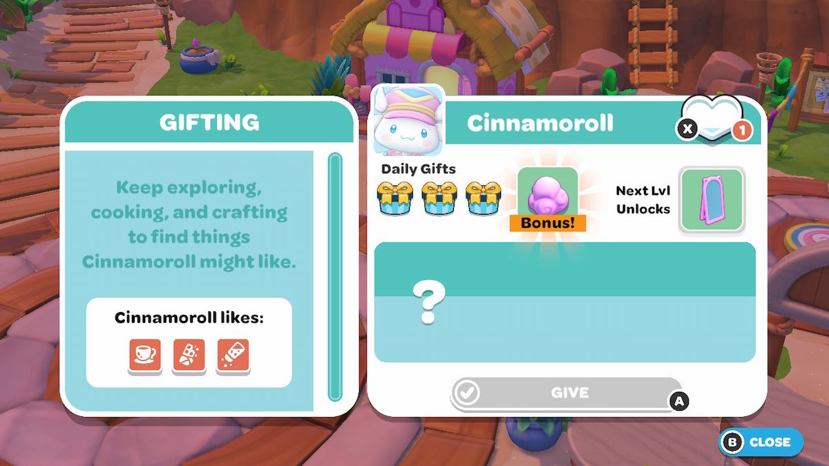 Cinnamoroll's gift tab in Hello Kitty Island Adventure.