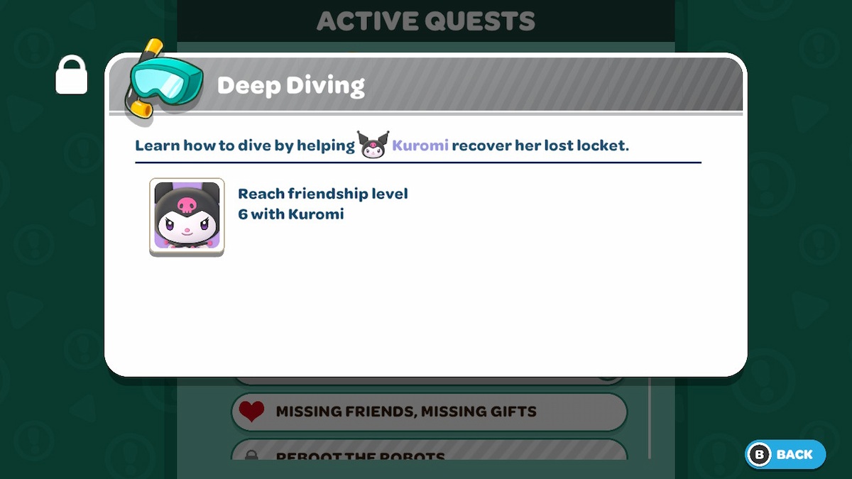 Information for the Deep Diving quest in Hello Kitty Island Adventure.