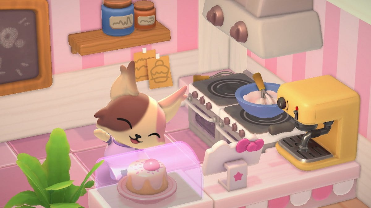 Player standing in the Hello Kitty Cafe in Hello Kitty Island Adventure.