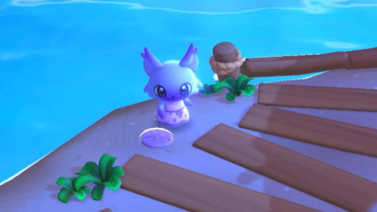 Hello kitty island adventure character standing by water and a sand dollar.