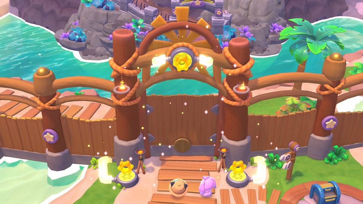 A pink bunny character standing with Chococat while three yellow power crystals activate a locked gate in Hello Kitty Island Adventure.