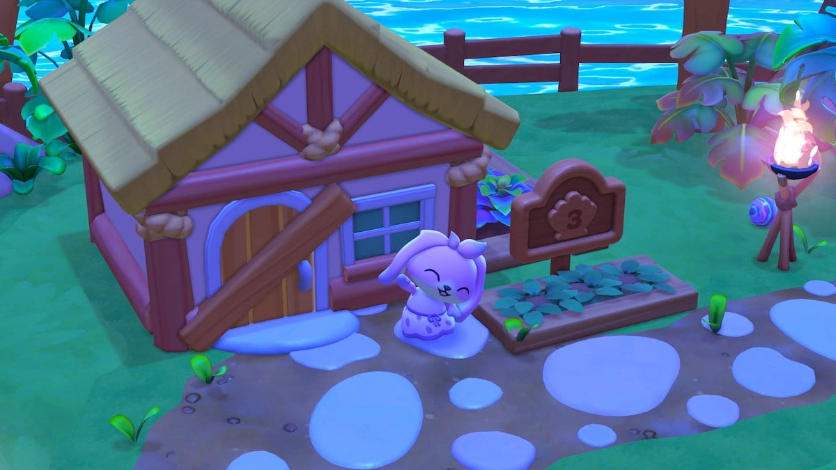 A pink bunny character standing in front of a visitor's cabin in Hello Kitty Island Adventure.
