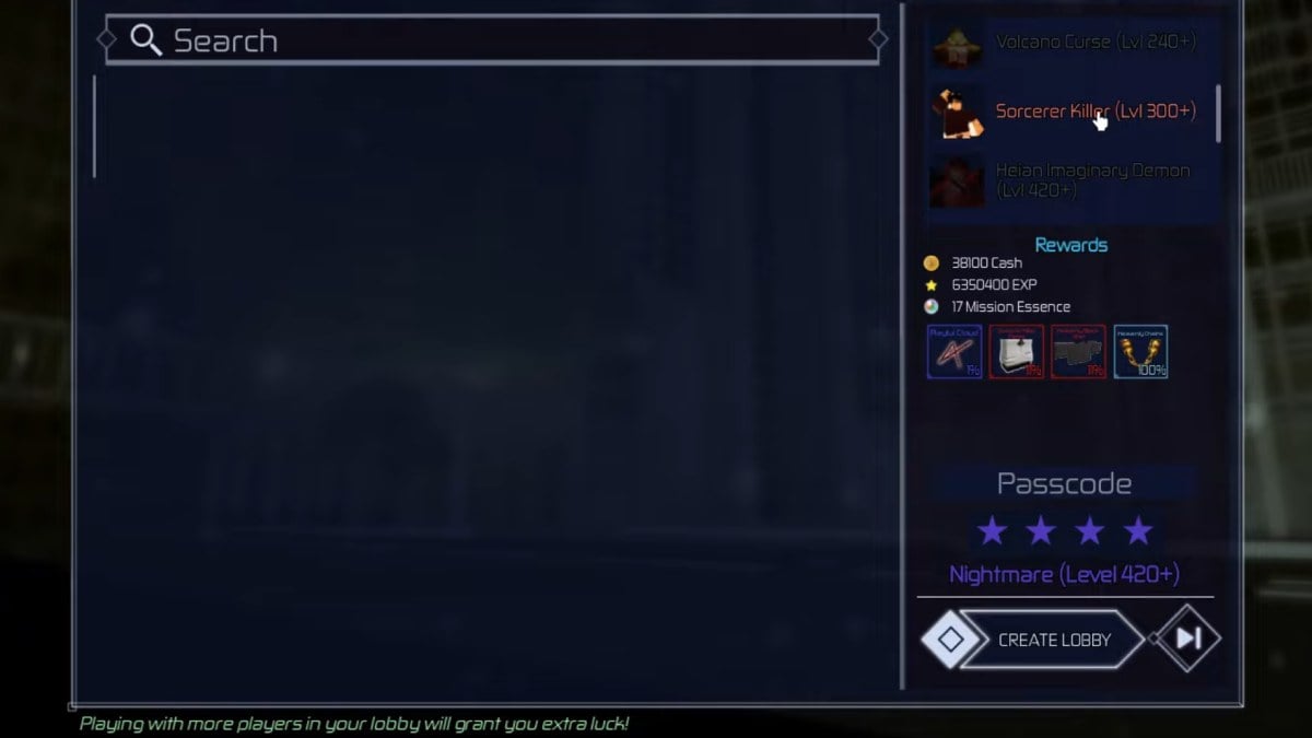 Jujutsu Infinite boss select screen with sorcerer killer for domain shard farm