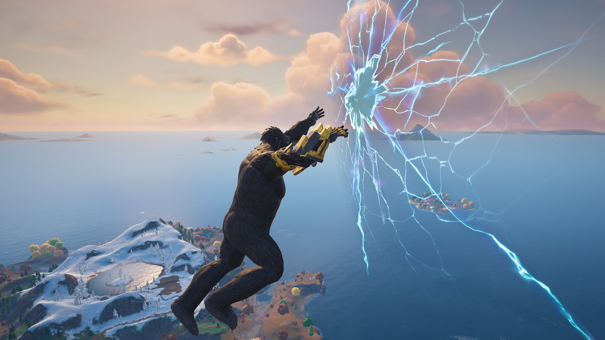 King Kong hopping into a portal in the sky in Fortnite.