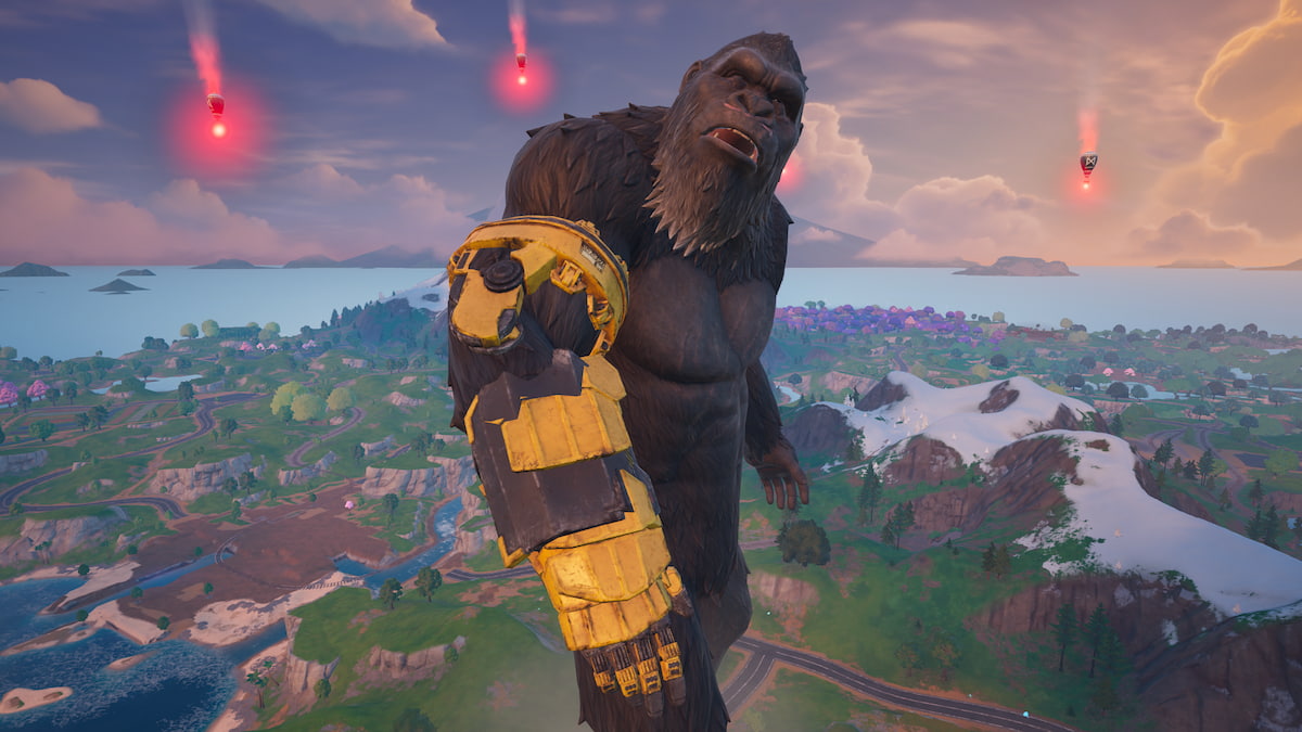 King Kong looking back in Fortnite while Monarch drops fall around him.