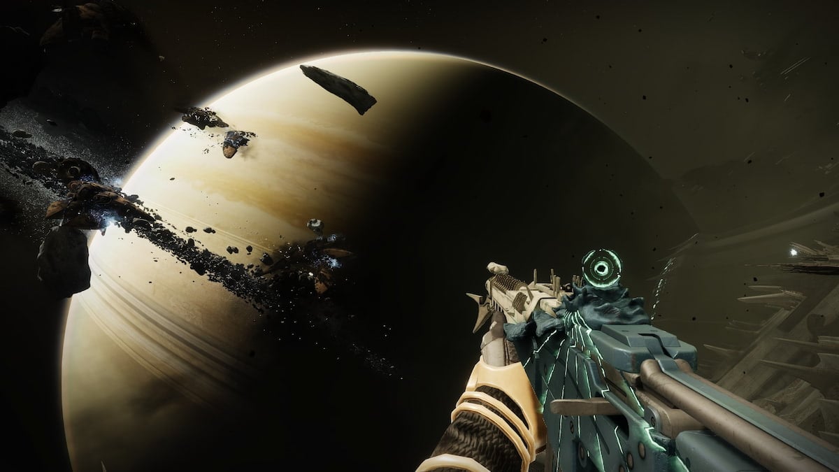 A guardian holds Adamantite at the edge of the Dreadnaught in Destiny 2.