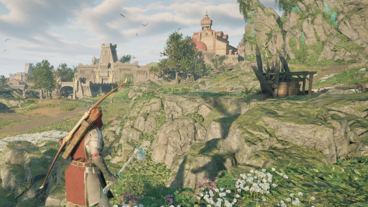 A character looks out at the towers of a city in Avowed.