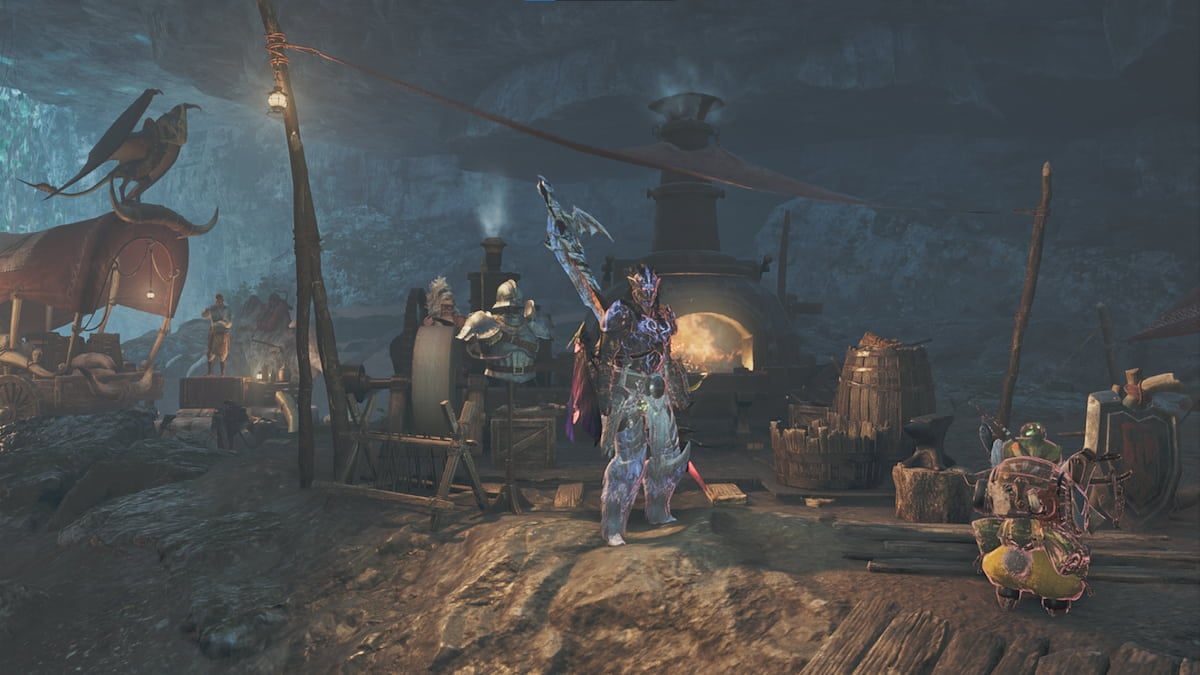 A warrior standing in a camp in Monster Hunter Wilds
