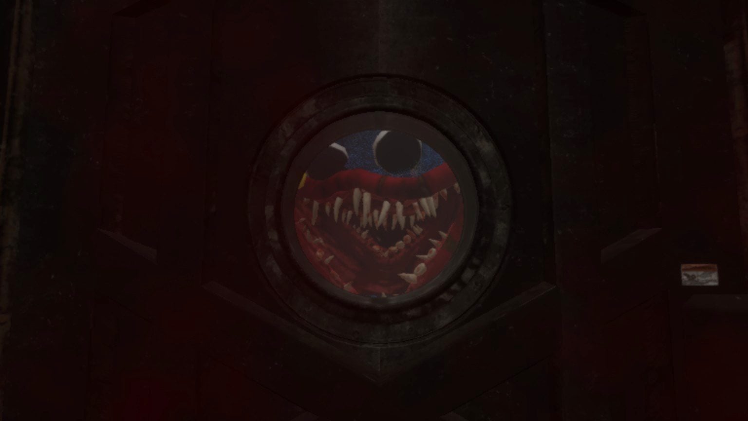 Looking out of a submarine-style door in The Labs entrance, jumpscared by Huggy Wuggy's open mouth at the end of Poppy Playtime Chapter 4