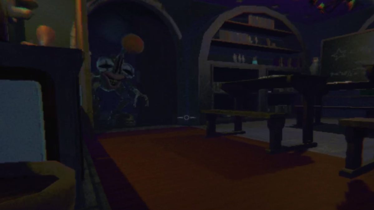 Watching a Clown coming through a door into a large room with tables and a red carpet