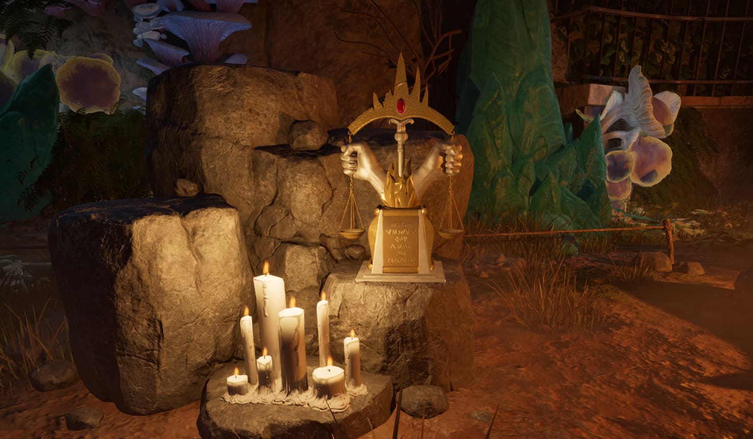 A golden statue with two winged hands holding scales. This is the Totem of the Rightful Ruler in Avowed with all six fragments