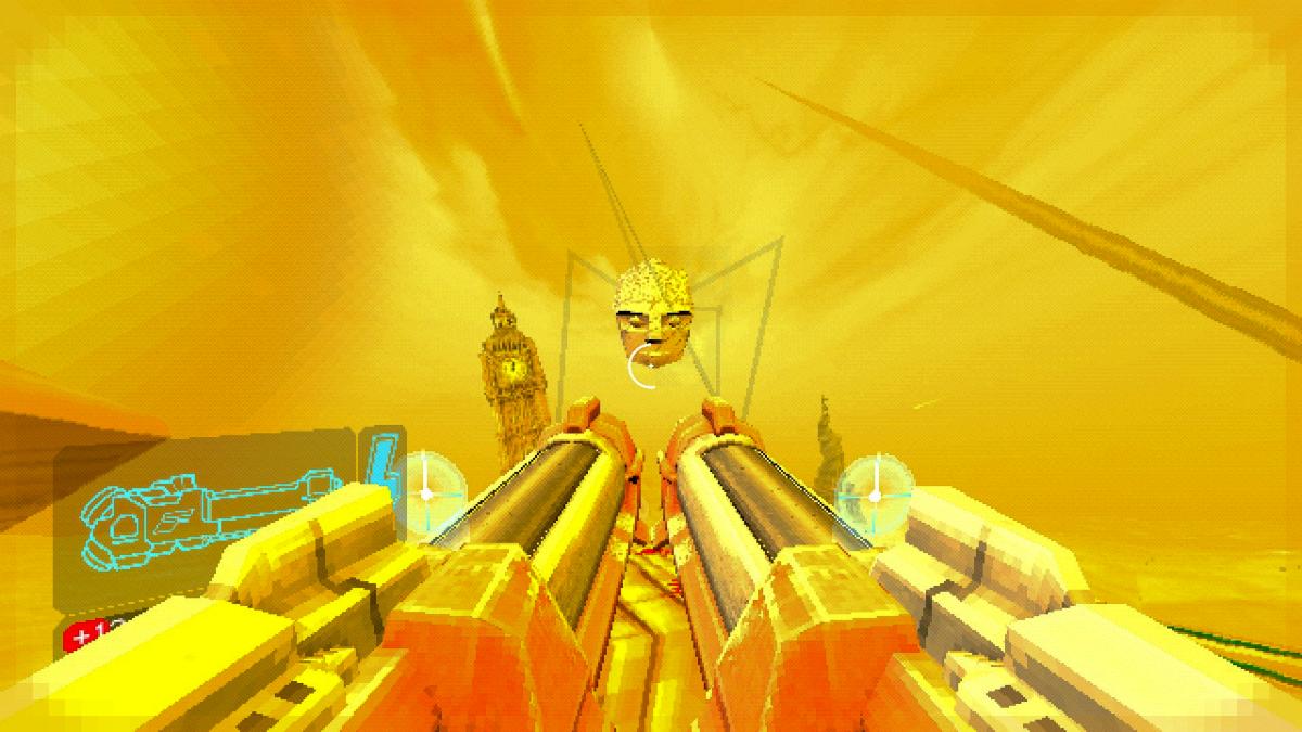 Pointing two launchers at a Malicious Face in ULTRAKILL