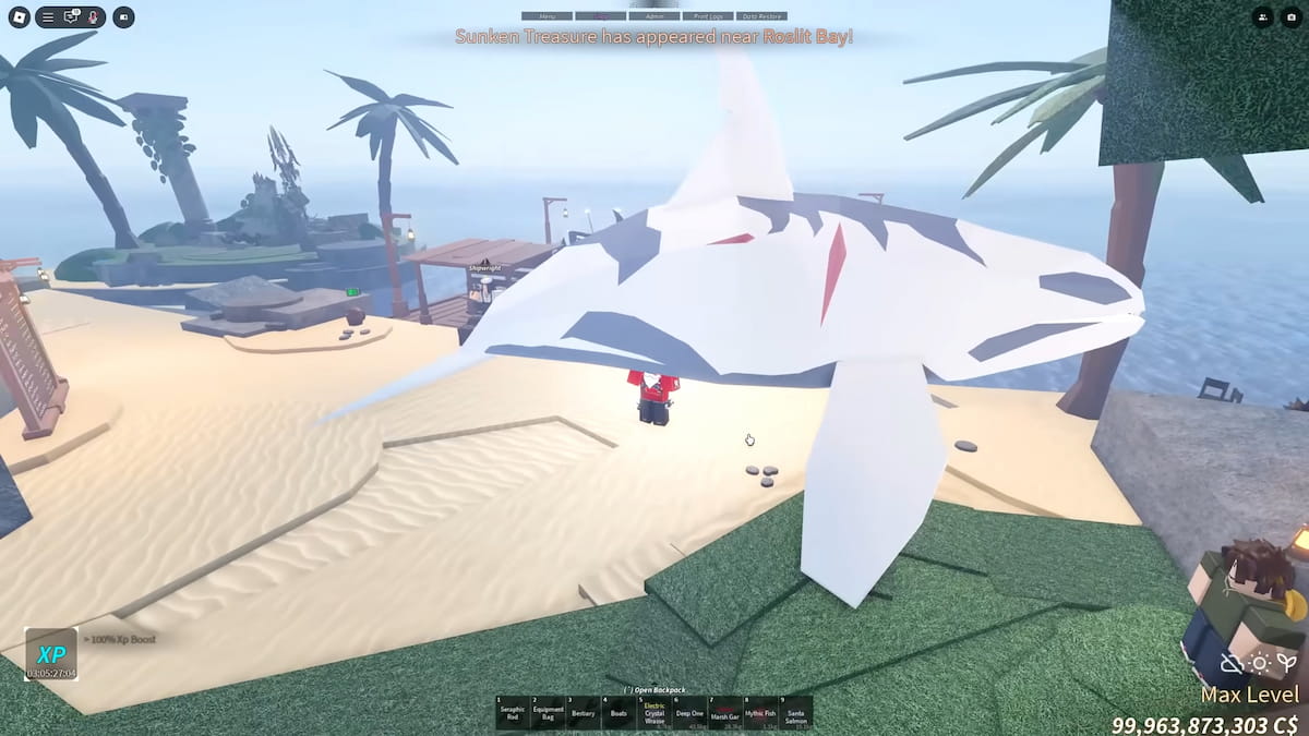 Picture showing a player carrying an secret anacient orca in Fisch.