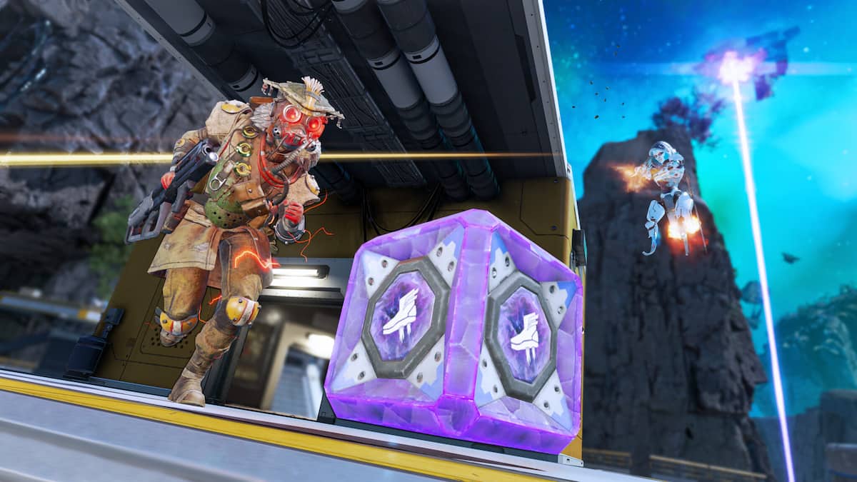 An image from Apex Legends of Bloodhound rushing and fighting to pick up a purple Rift Relic.