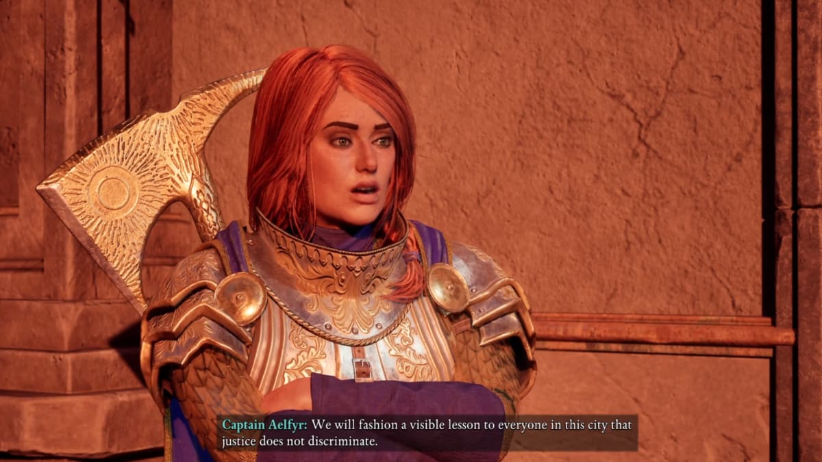 A player reporting the status of refugee criminals to Captain Aelfyr in Avowed.