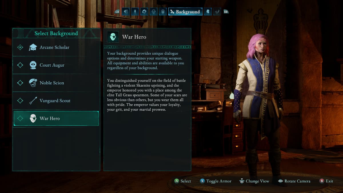 An example of a background in Avowed shown in the character creation screen.