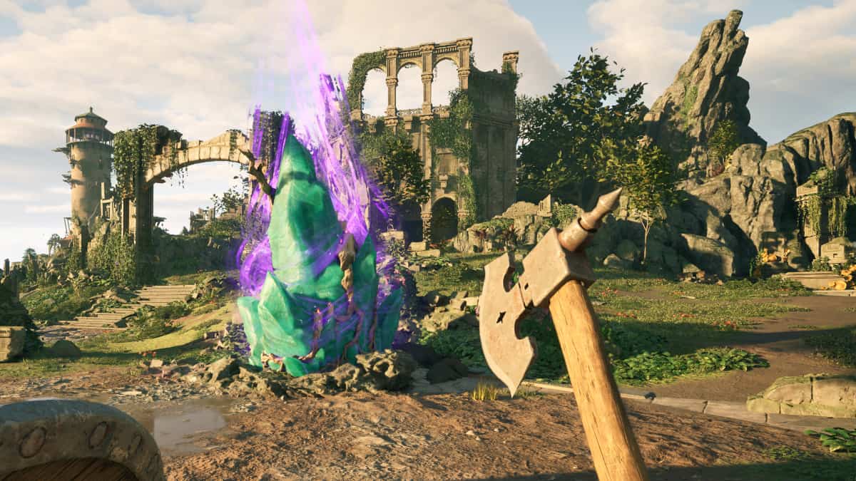 A player in Avowed wielding an axe looking at a camp location.