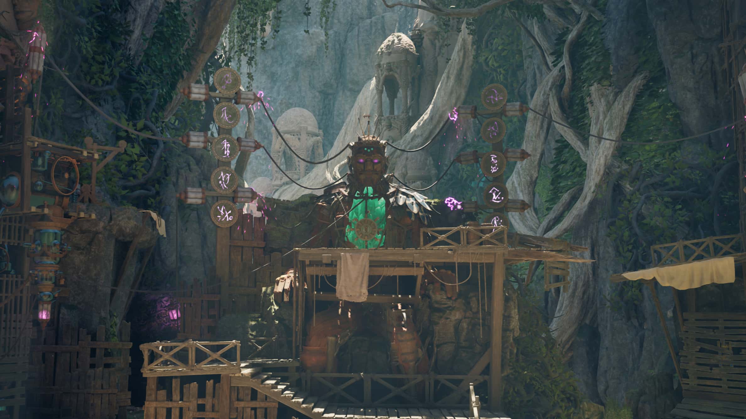 A giant statue attached to wires and with strange glyphs on either side of it in Avowed