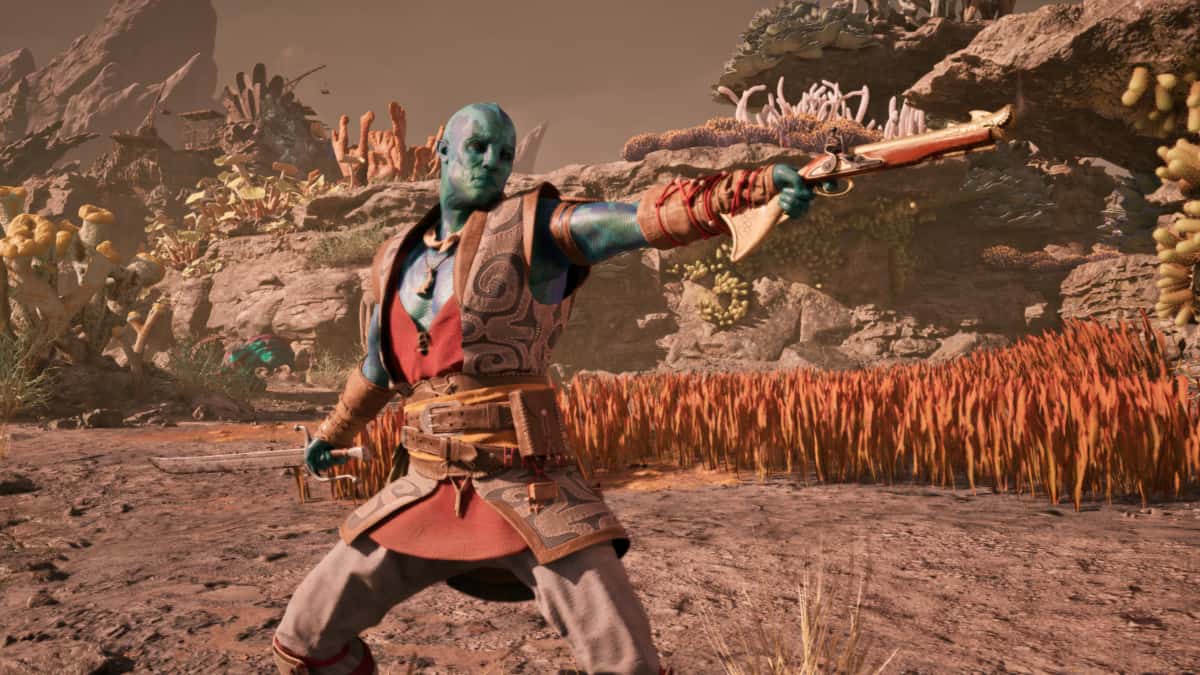 Kai in Avowed firing a weapon at a character off screen.