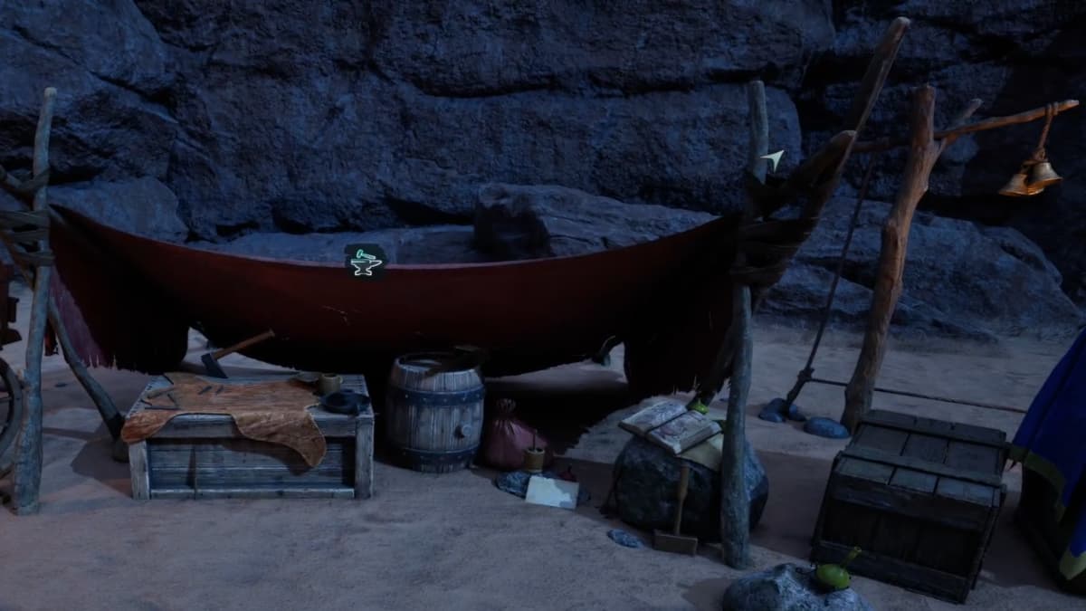 A Workbench in a Party Camp in Avowed.