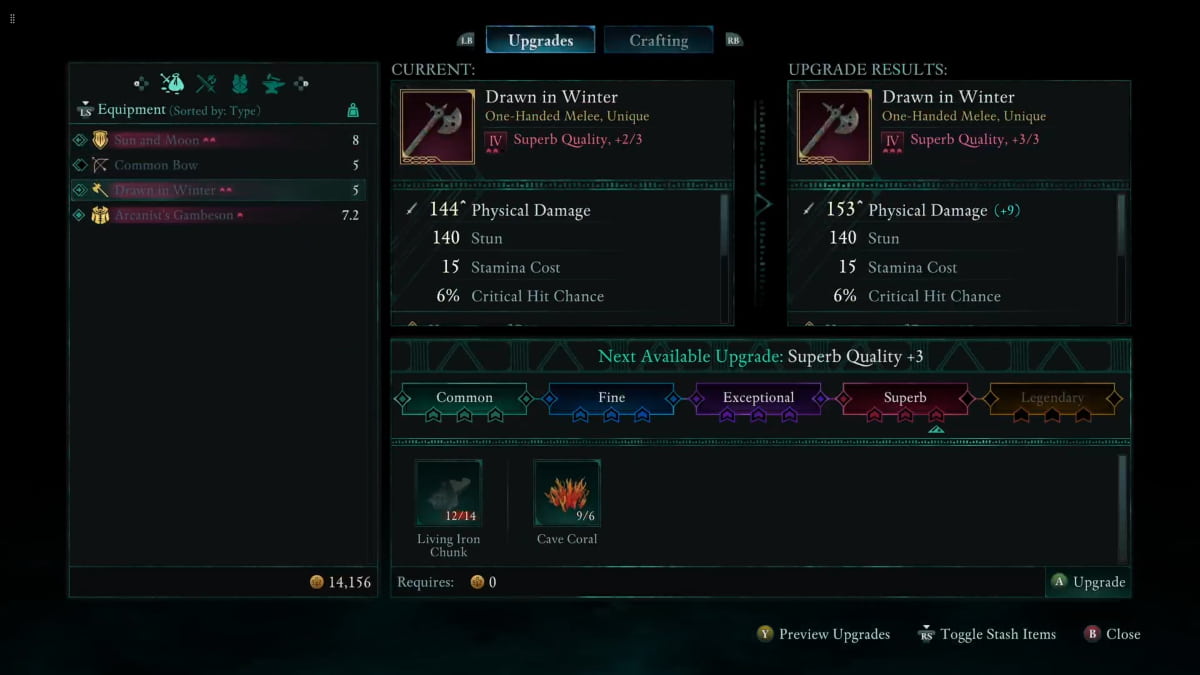 The equipment upgrade screen in Avowed showing required crafting materials and a comparison of stats.