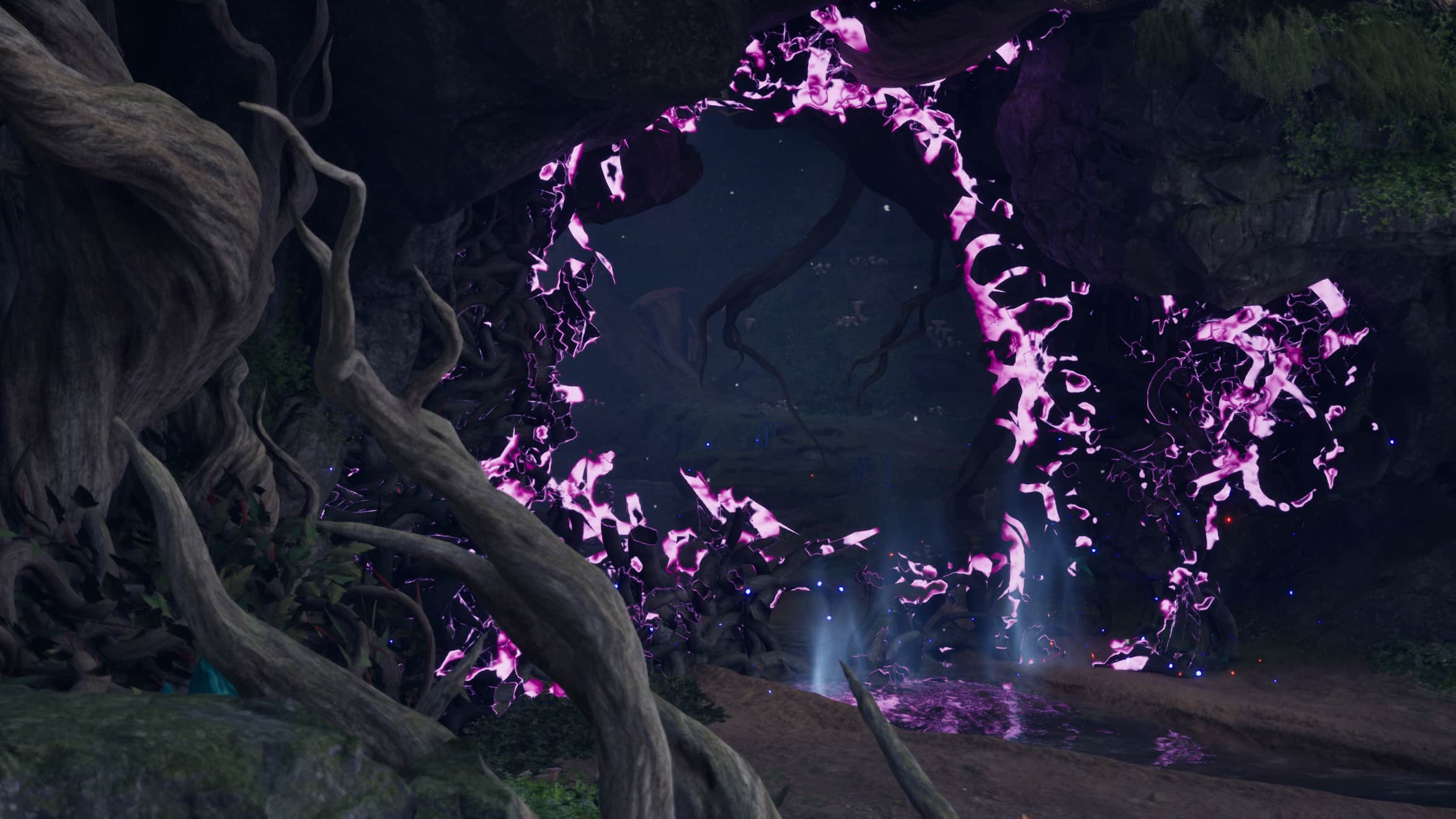 A purple aura surround roots burning away from an opening.