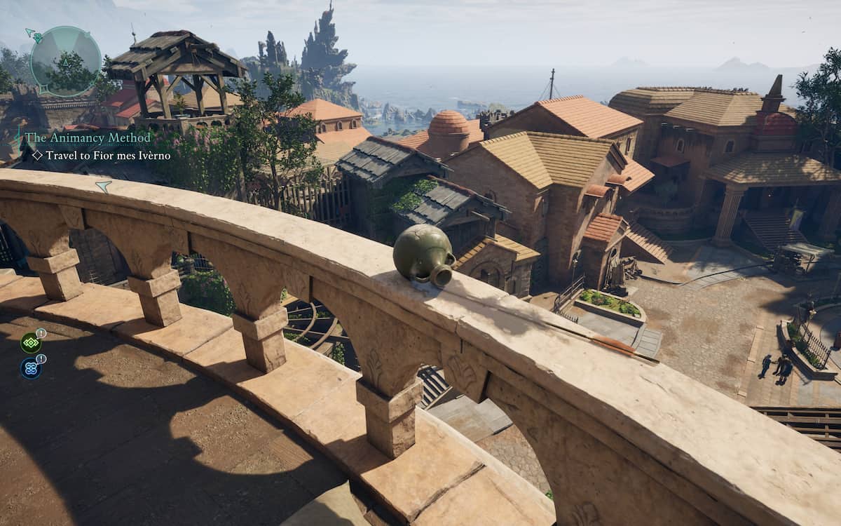 Player character standing on the top of a building with a view overlooking several buildings in the city