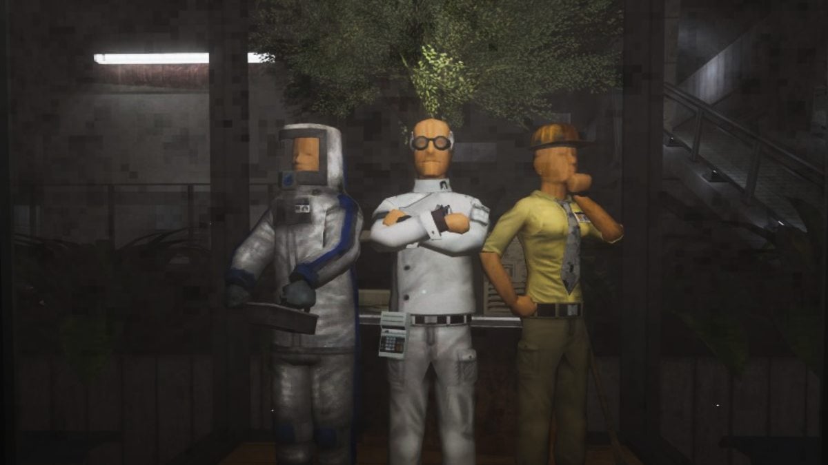Three core scientists inside the glass container of Abiotic Factor