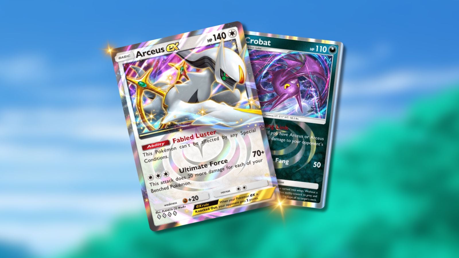 Arceus ex and Crobat Pokémon TCG Pocket cards with blurred anime background.