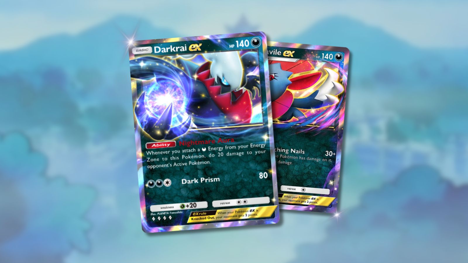 Darkrai ex and Weaville ex Pokémon TCG Pocket cards on blurred Lavender Town anime background with sparkles.