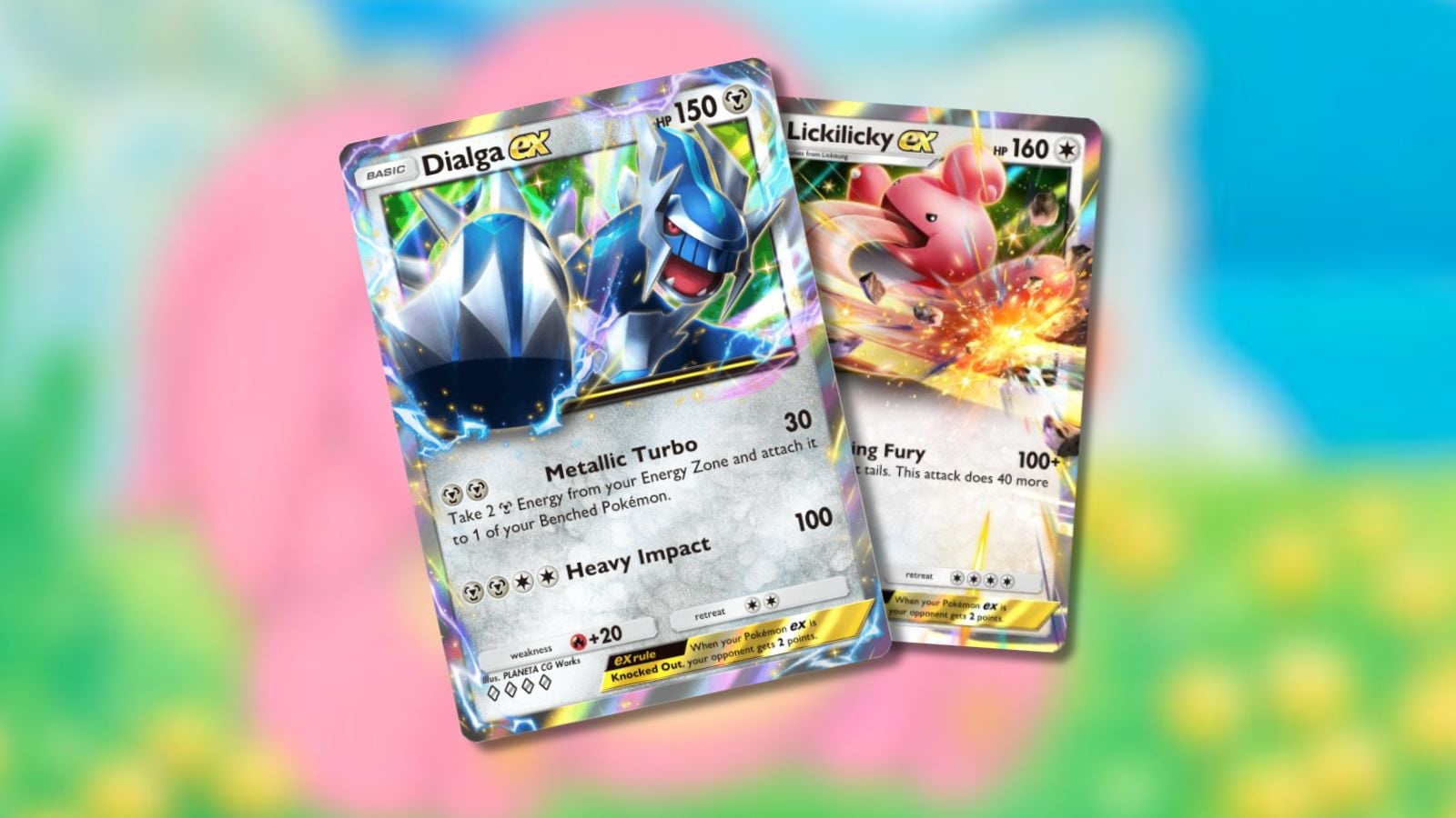 Dialga ex and Lickilicky ex Pokémon TCG Pocket cards with blurred card background.