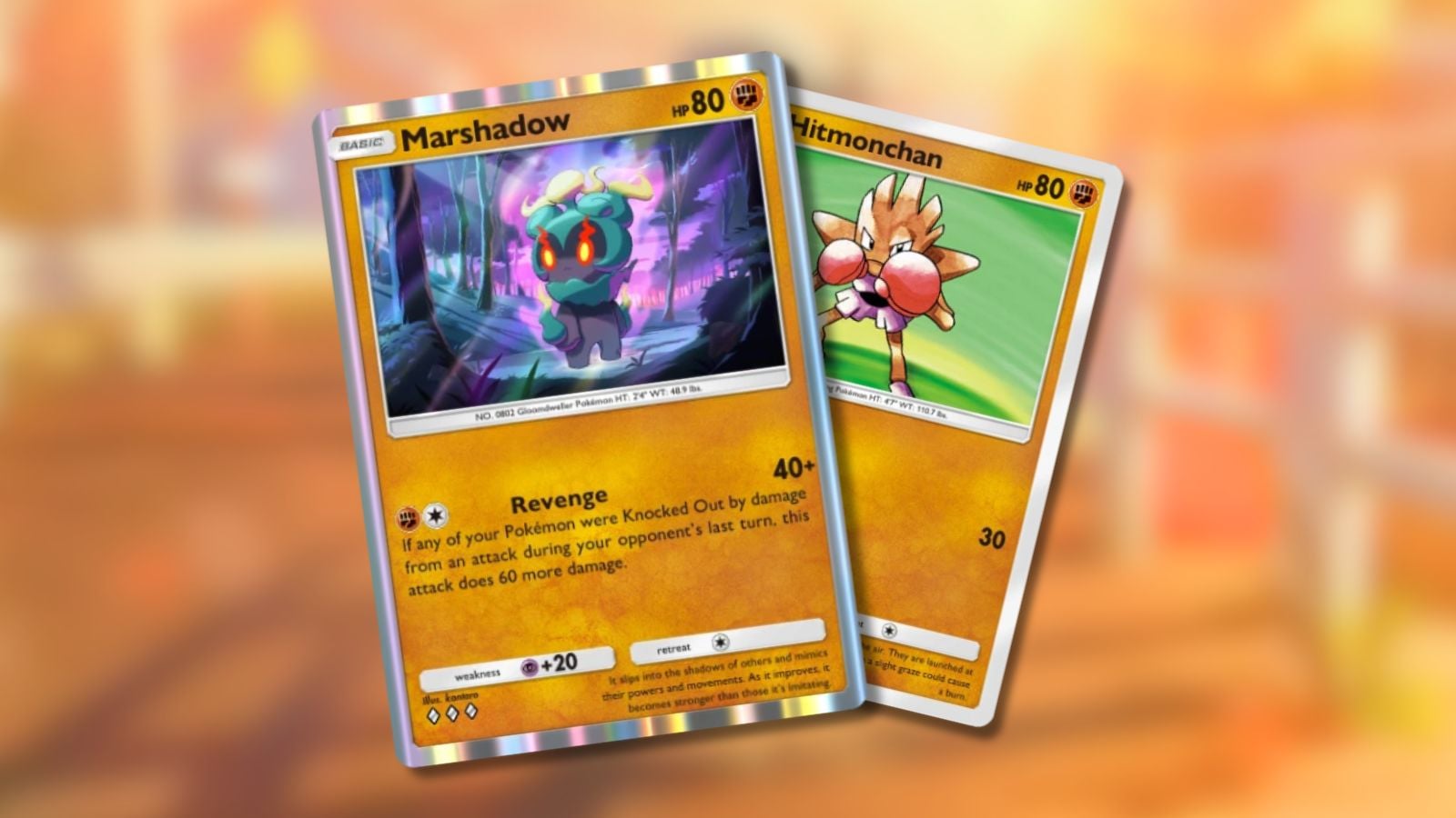 Marshadow and Hitmonchan Pokémon TCG Pocket cards on a blurred card background.