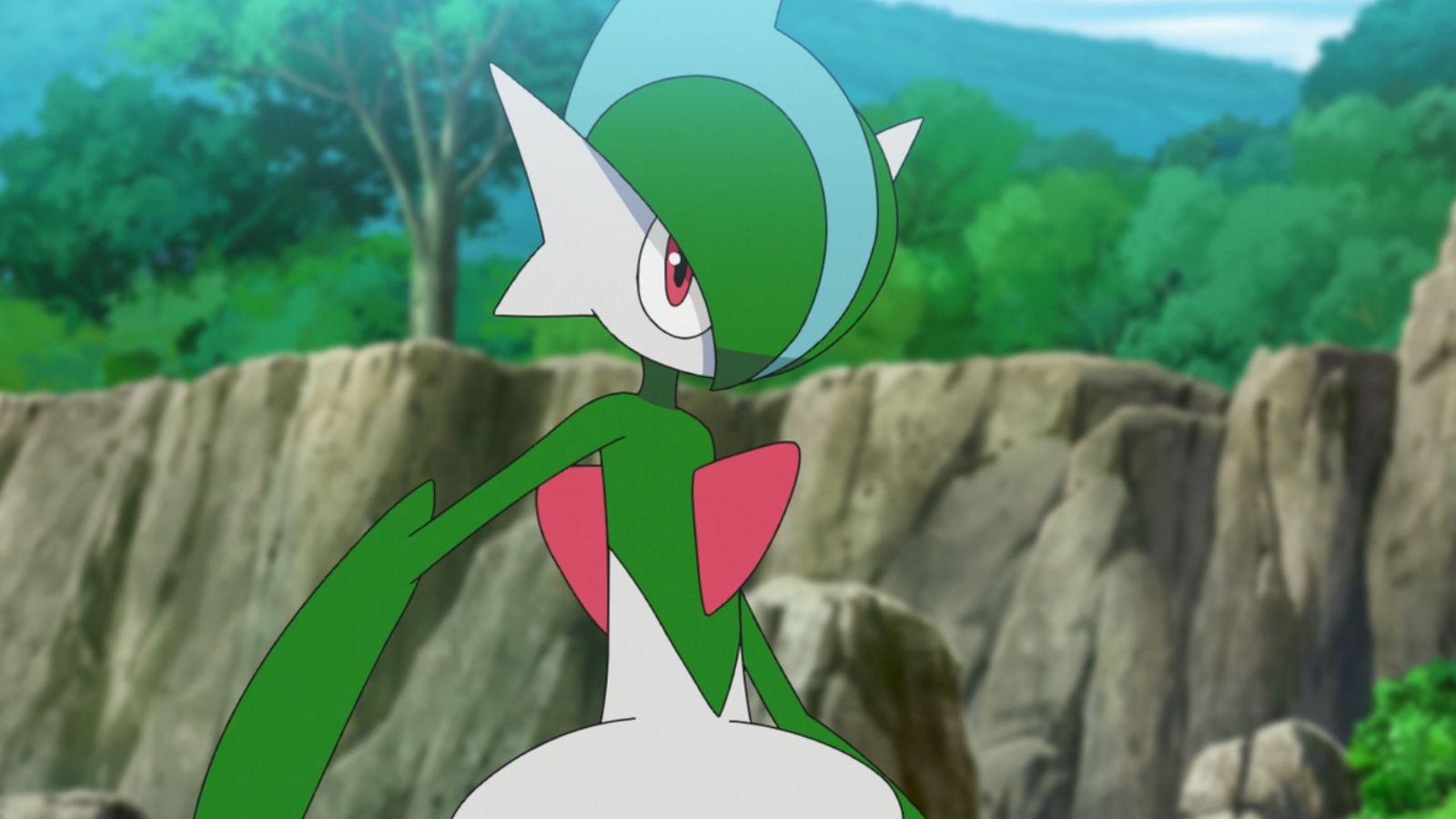 Gallade Pokémon from the anime standing in a forest.