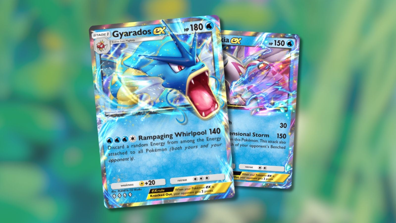 Gyarados ex and Palkia ex Pokémon TCG Pocket cards on blurred Froakie background.