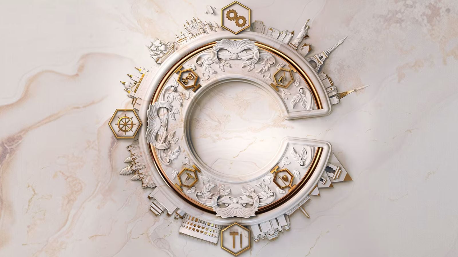 Civilization VII artwork logo on plain marble background.