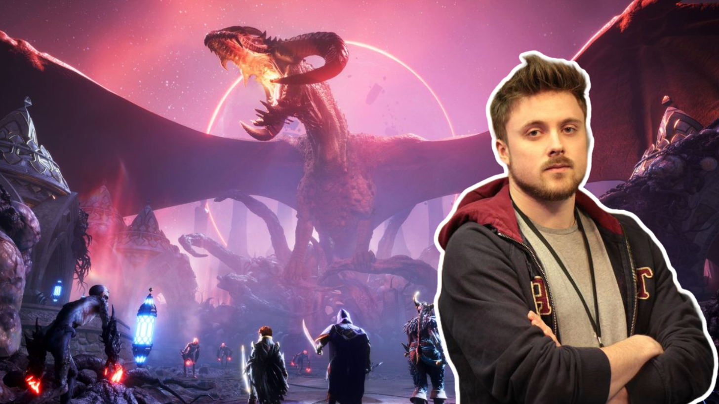 Picture showing Forsen in front of Dragon Age Veilguard poster of DEI in gaming.
